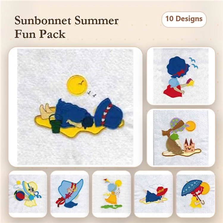 Applique Sunbonnet Summer Embroidery Bundle – Sunbonnet Girl with Sun, Boy with Dog, Girl with Umbrella & More (10 Designs)