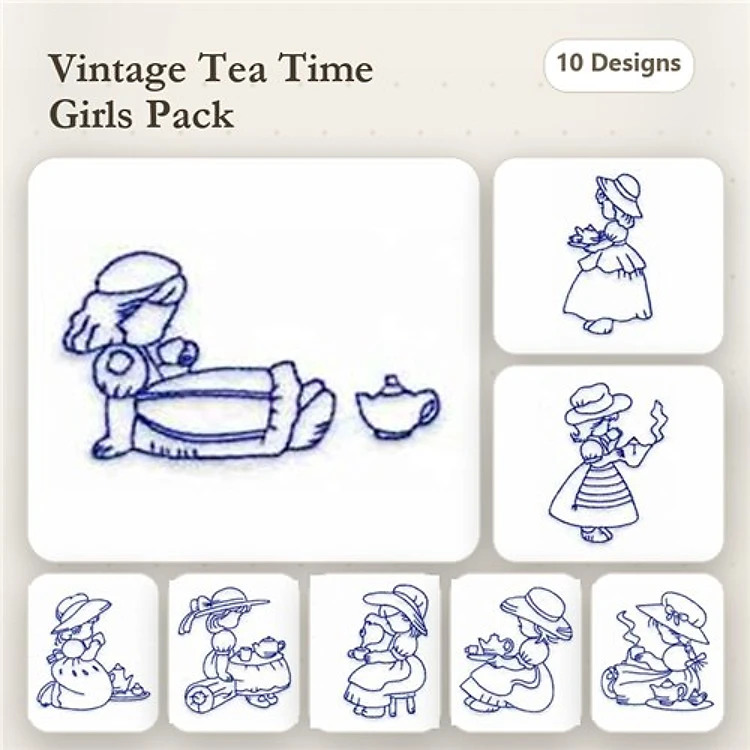 Redwork Vintage Tea Party Girls Embroidery Designs Bundle – Girl with Teapot, Girl in Apron, Girl Serving Tea & More (10 Designs)