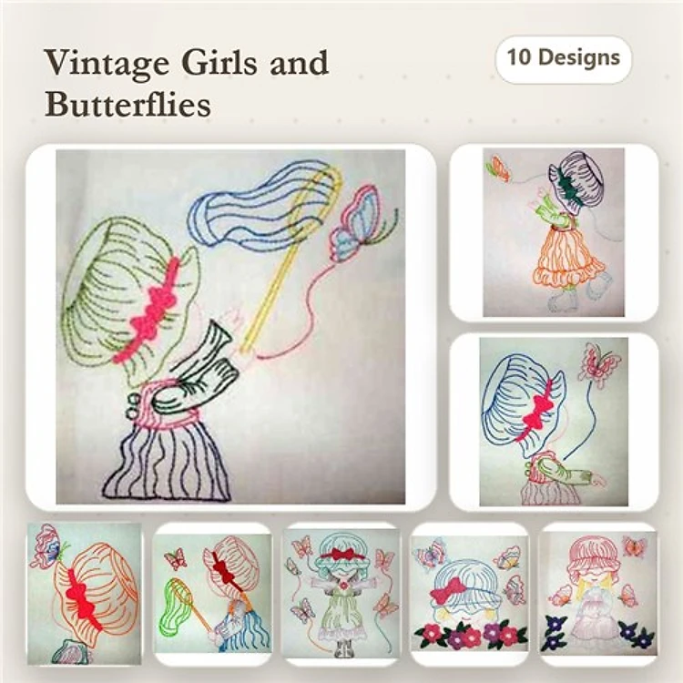 Redwork Vintage Girls & Butterflies Embroidery Designs Bundle – Vintage Girl with Butterfly, Vintage Girl with Flower & More (10 Designs)