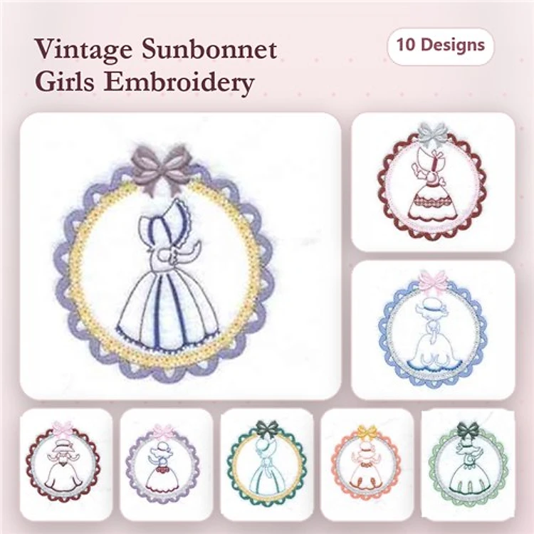 Redwork Vintage Sunbonnet Girls Embroidery Designs Bundle – Sunbonnet Girl with Bow, Sunbonnet Girl in Dress, & More (10 Designs)