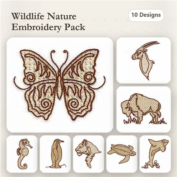 Wildlife Nature Embroidery Designs Bundle – Butterfly, Gazelle, Bison, Pelican & More (10 Designs)