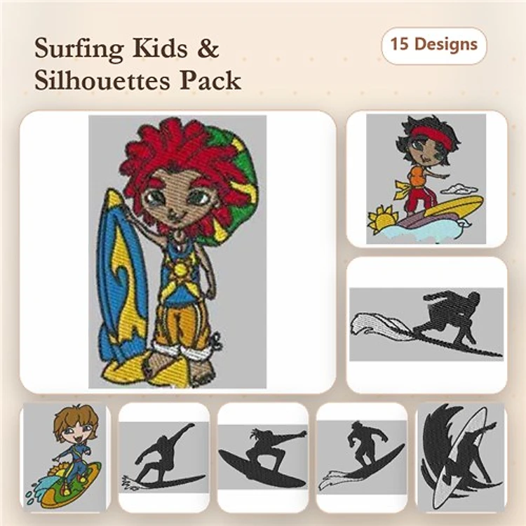 Surfing Kids Embroidery Designs Bundle – Surf Kid with Surfboard, Silhouette Surfer, Surfing Girl & More (15 Designs)