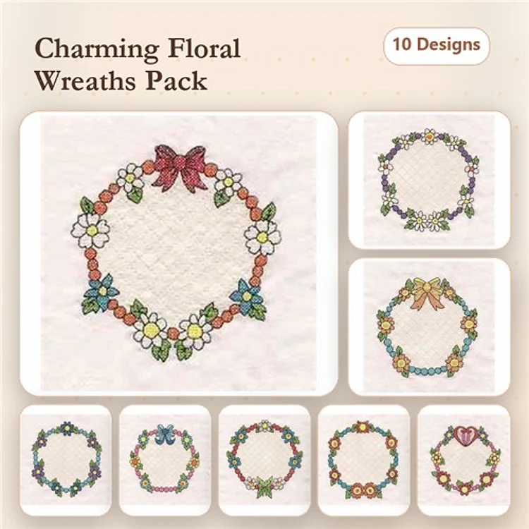 Floral Wreaths Embroidery Designs Bundle – Floral Wreath with Bow, Daisy Floral Wreath, Violet Floral Wreath & More (10 Designs)