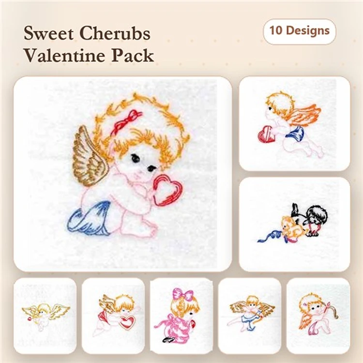 Valentine's Day Cherubs Embroidery Designs Bundle – Cherub with Heart, Cherub with Gift, Cherub with Rose & More (10 Designs)