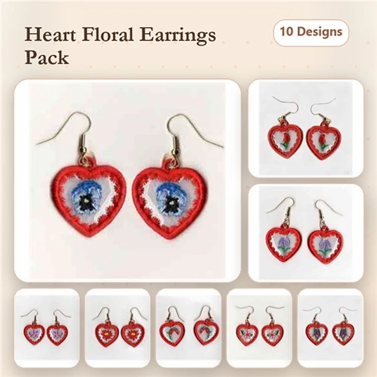 ITH Floral Heart Earrings Embroidery Bundle – Red Heart with Floral Design, Heart with Blue Flowers & More (10 Designs)