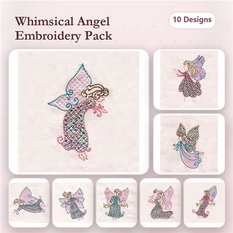 Angels Embroidery Designs Bundle – Whimsical Angel with Wings, Pink Dress, & More (10 Designs)