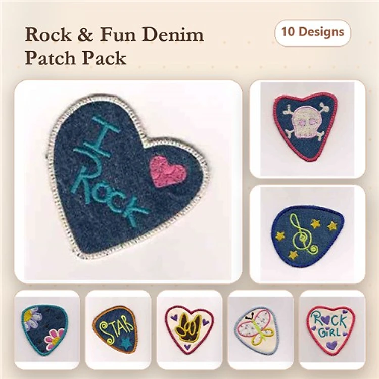 Denim Patch Embroidery Designs Bundle – Heart with I Rock, Skull Patch, Star Patch & More (10 Designs)