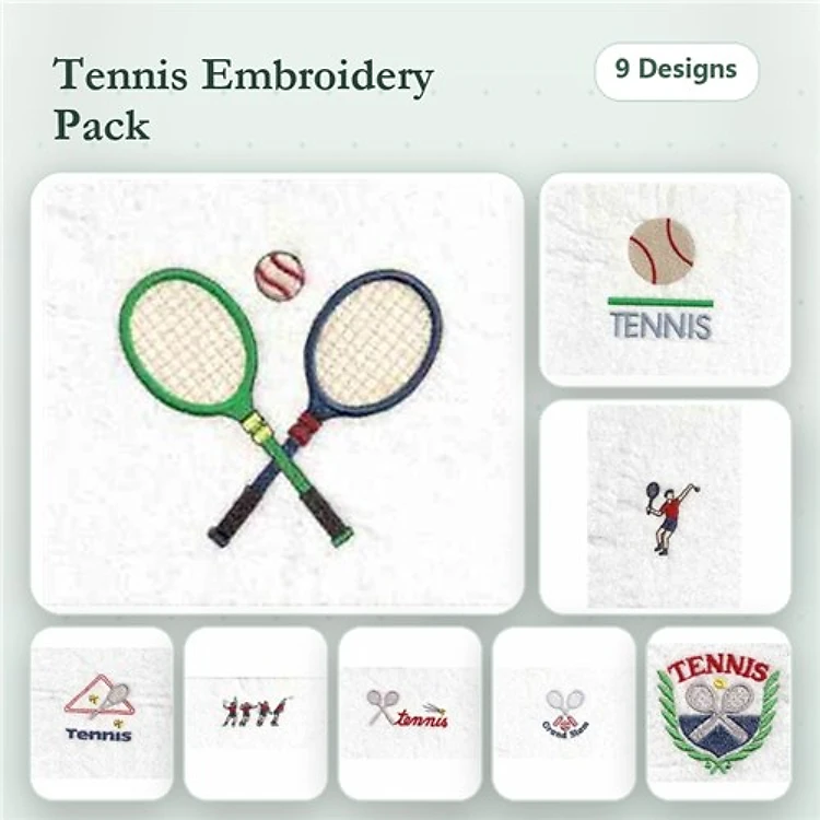 Tennis Embroidery Designs Bundle – Rackets, Ball, Player & More (9 Designs)