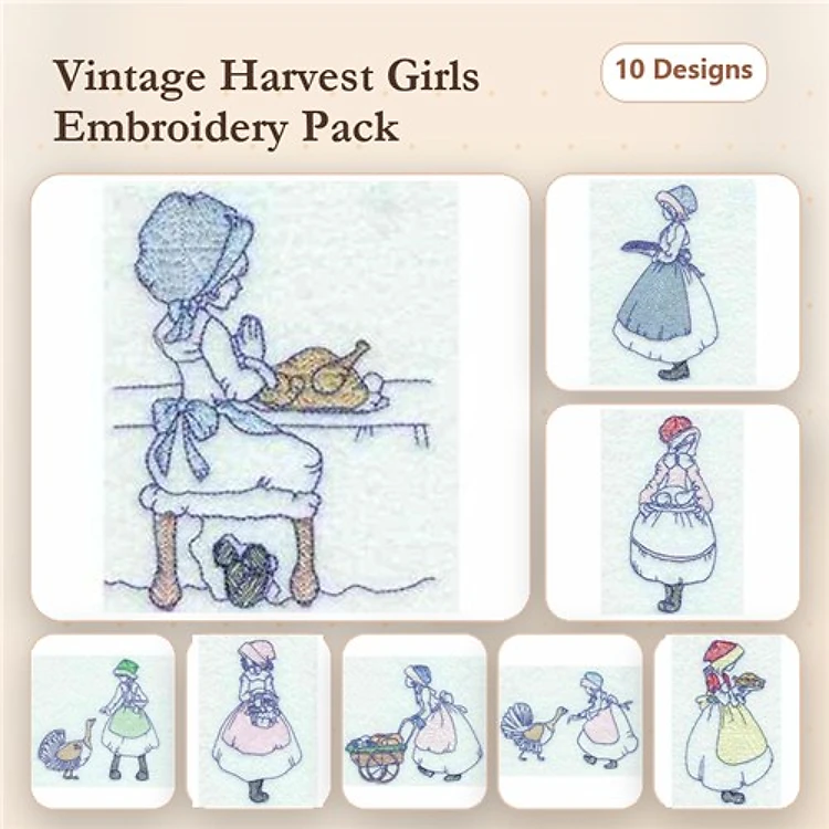 Redwork Vintage Harvest Girls Embroidery Designs Bundle – Girl with Pie, Girl Carrying Basket, Girl with Duck & More (10 Designs)