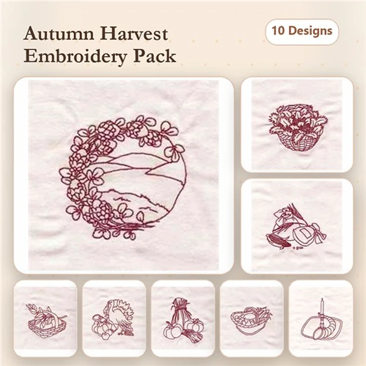 Redwork Autumn Harvest Embroidery Designs Bundle – Wreath with Grapes, Fruit Basket, Harvesting Tools & More (10 Designs)
