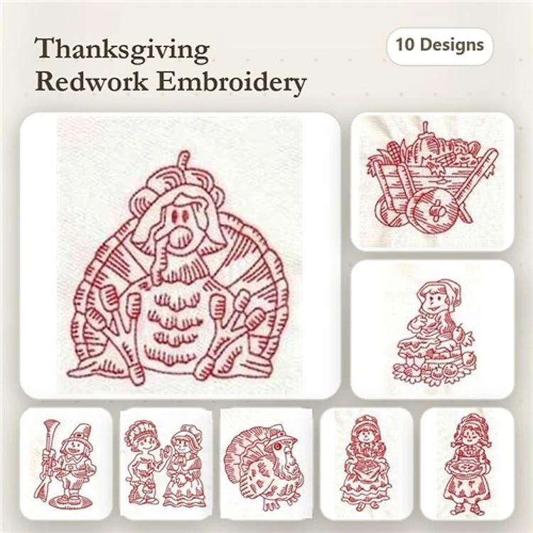 Redwork Thanksgiving Embroidery Designs Bundle – Turkey, Pilgrim Woman, Harvest Cart & More (10 Designs)