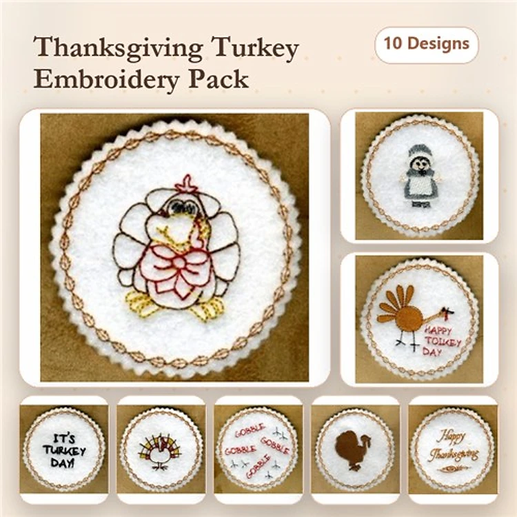 Thanksgiving Turkey Embroidery Designs Bundle – Turkey with Bowtie, Happy Turkey Day, Gobble Gobble Turkey & More (10 Designs)