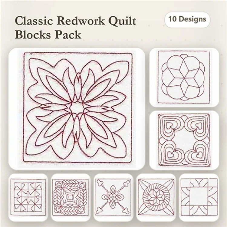 Redwork Quilt Block Embroidery Designs Bundle – Flower, Geometric, Heart & More (10 Designs)