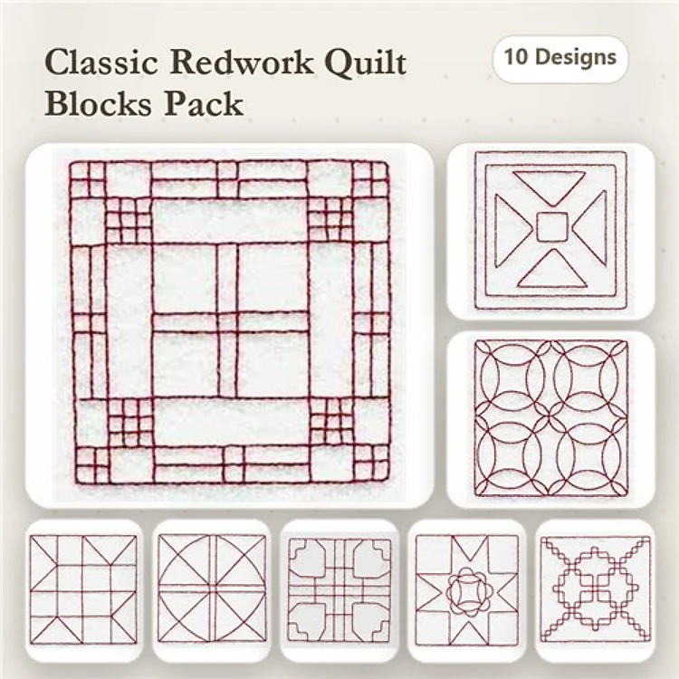 Redwork Quilt Block Embroidery Designs Bundle – Quilt Block Design 1, Quilt Block Design 2, Quilt Block Design 3 & More (10 Designs)