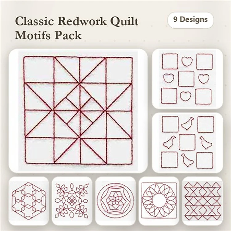 Redwork Quilt Motifs Embroidery Designs Bundle – Geometric Block, Hearts, Bird Silhouette & More (9 Designs)