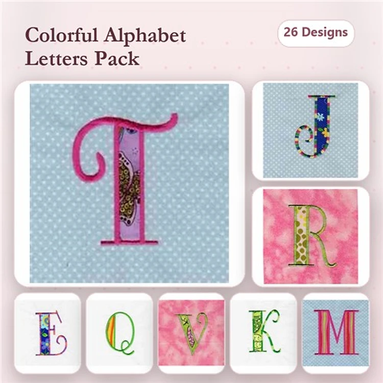Applique Colorful Alphabet Letters Embroidery Bundle – Letter T, Letter J, Letter R & More (26 Designs)