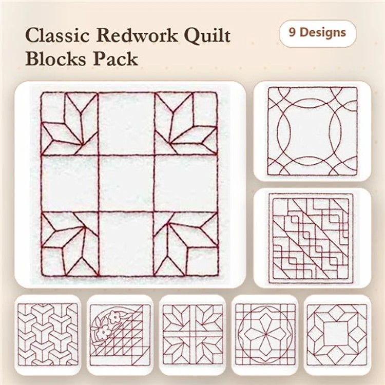 Redwork Quilt Block Embroidery Designs Bundle – Leaf, Geometric, Cross Pattern & More (9 Designs)