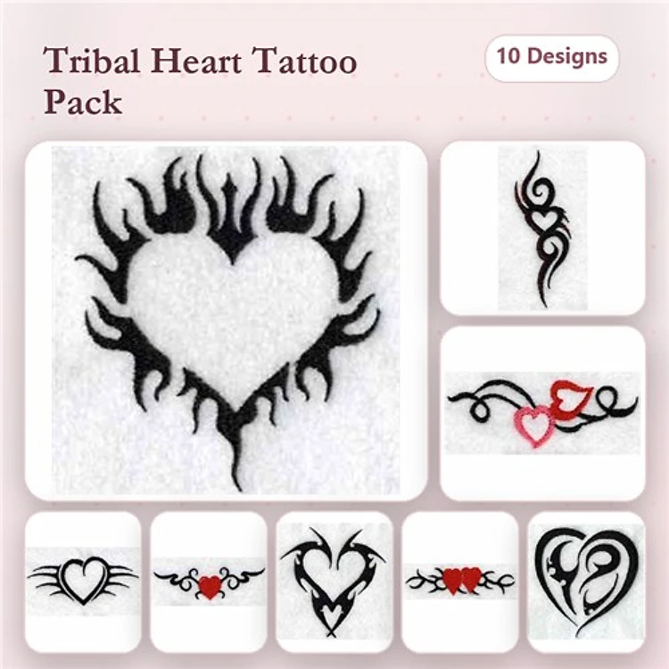 Tribal Heart Tattoos Embroidery Designs Bundle – Flame Heart, Swirling Heart, Intertwined Hearts & More (10 Designs)