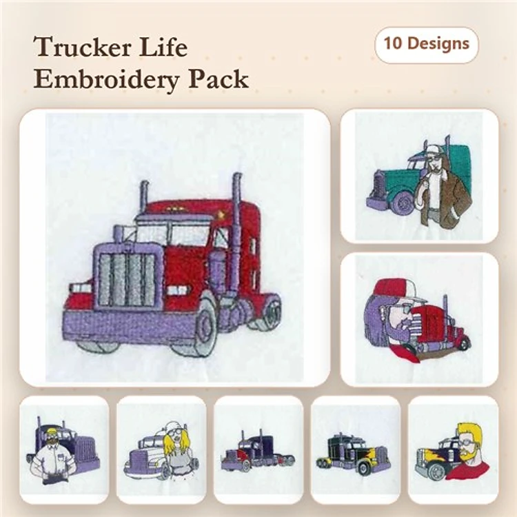 Trucker Life Embroidery Designs Bundle – Big Rig Truck, Truck Driver with Hat, Mechanic with Wrench & More (10 Designs)