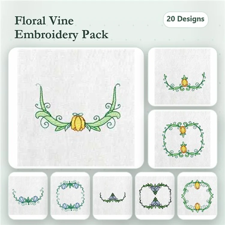 Floral Vine Embroidery Designs Bundle – Vine with Yellow Flower, Floral Circle with Orange Center, & More (20 Designs)