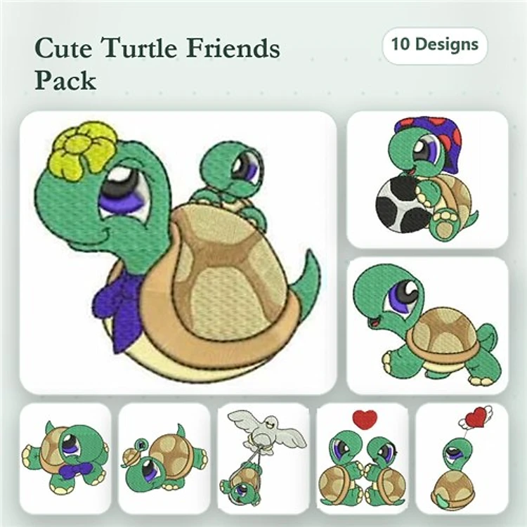 Cute Turtle Friends Embroidery Bundle – Turtle with Flower, Baby Turtle on Shell, Turtle Family & More (10 Designs)