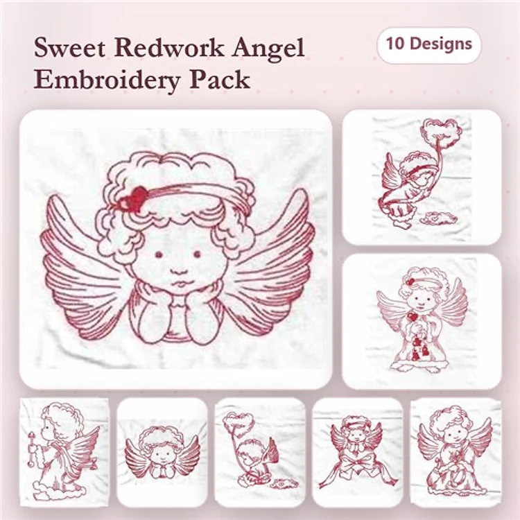 Redwork Sweet Angel Embroidery Designs Bundle – Angel with Heart, Angel with Flowers, & More (10 Designs)
