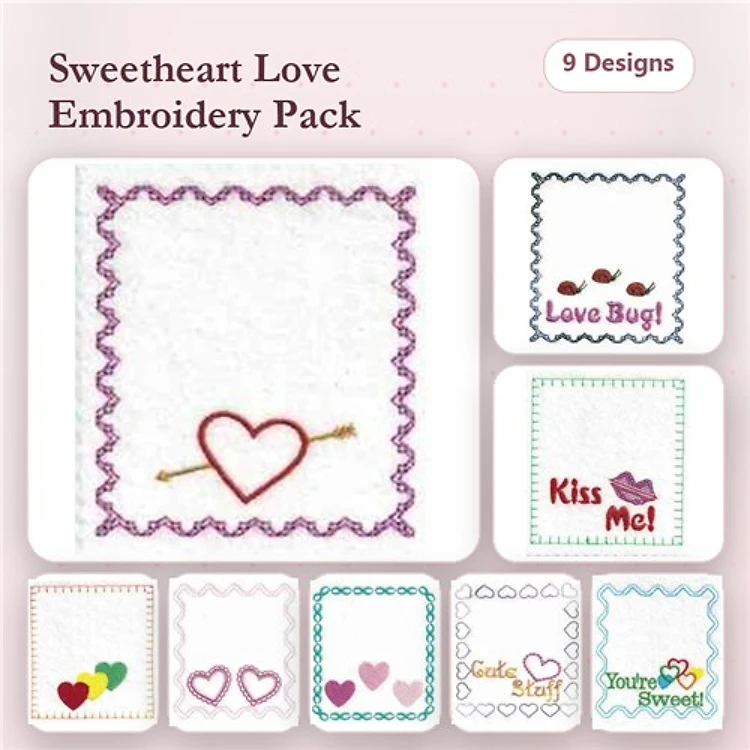 Love & Romance Embroidery Designs Bundle – Heart with Arrow, Kiss Me, Love Bug! & More (9 Designs)