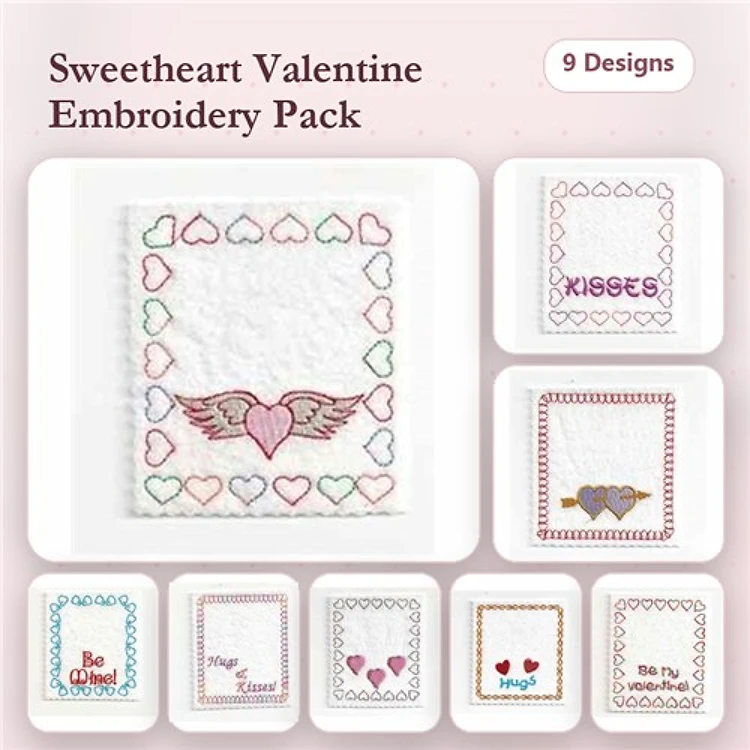 Valentine's Day Hearts Embroidery Designs Bundle – Be Mine, Hugs, Kisses, & More (9 Designs)