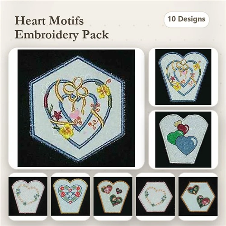 Heart Motifs Embroidery Designs Bundle – Heart with Bow, Floral Heart, Colorful Heart & More (10 Designs)
