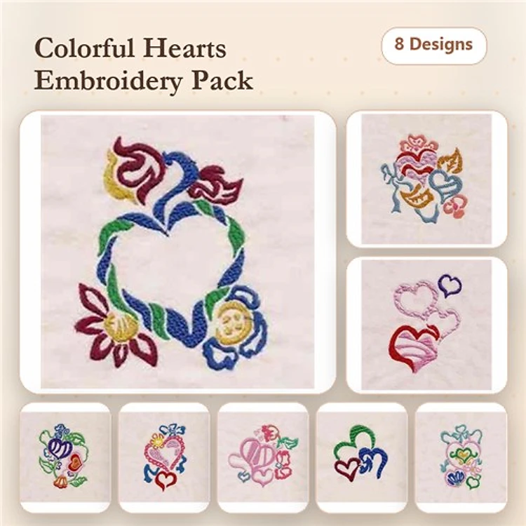 Colorful Heart Embroidery Designs Bundle – Flower Heart, Abstract Heart with Flowers & More (8 Designs)