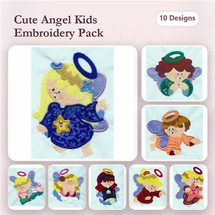 Applique Cute Angel Embroidery Bundle – Girl Angel with Star, Boy Angel with Star, Angel with Flower & More (10 Designs)