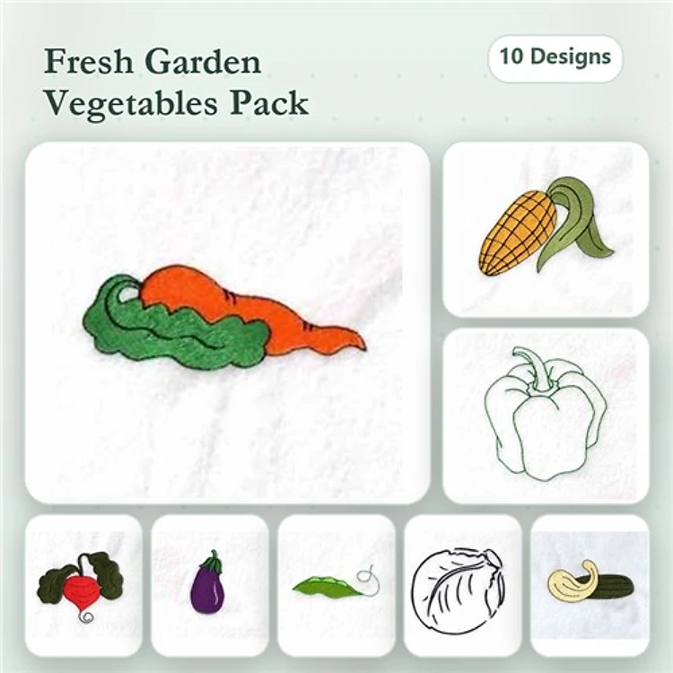 Garden Vegetables Embroidery Designs Bundle – Carrot, Corn, Bell Pepper, Eggplant & More (10 Designs)