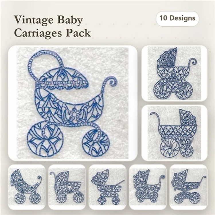 Redwork Vintage Baby Carriages Embroidery Designs Bundle – Carriage with Lace, Carriage with Flowers, & More (10 Designs)