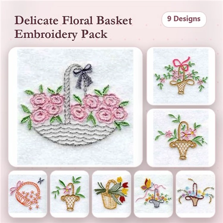 Floral Basket Embroidery Designs Bundle – Basket of Roses, Floral Basket with Bow, Easter Basket with Flowers & More (9 Designs)