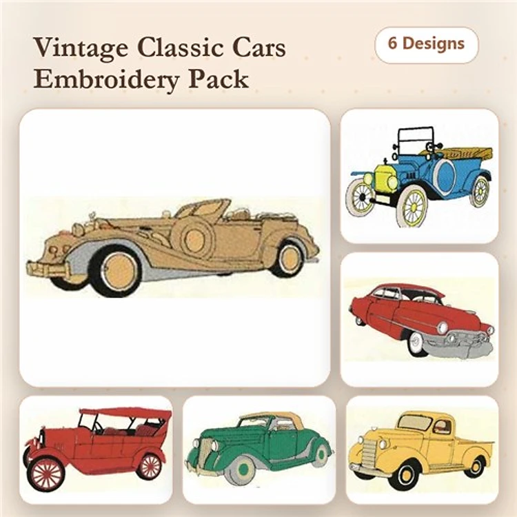 Classic Cars Embroidery Designs Bundle – Convertible Car, Blue Convertible, Red Classic Car & More (6 Designs)