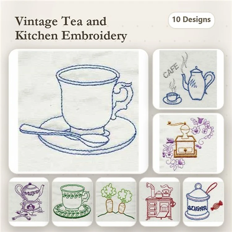 Redwork Kitchen & Tea Embroidery Designs Bundle – Tea Cup, Teapot, Cafe Mug & More (10 Designs)