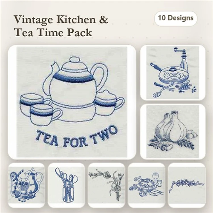 Redwork Vintage Kitchen Embroidery Designs Bundle – Teapot with Cups, Tea for Two, Cooking Utensils & More (10 Designs)