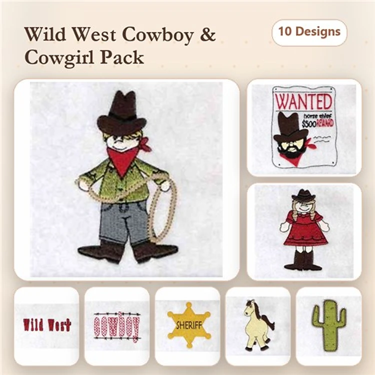 Wild West Cowboy & Cowgirl Embroidery Designs Bundle – Cowboy with Lasso, Cowgirl in Red Dress, Cactus & More (10 Designs)