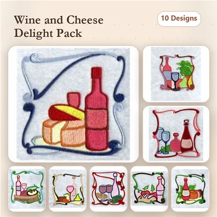 Wine and Cheese Embroidery Designs Bundle – Wine Bottle & Cheese, Wine Glasses & Cheese, Cheese Plate with Knife & More (10 Designs)