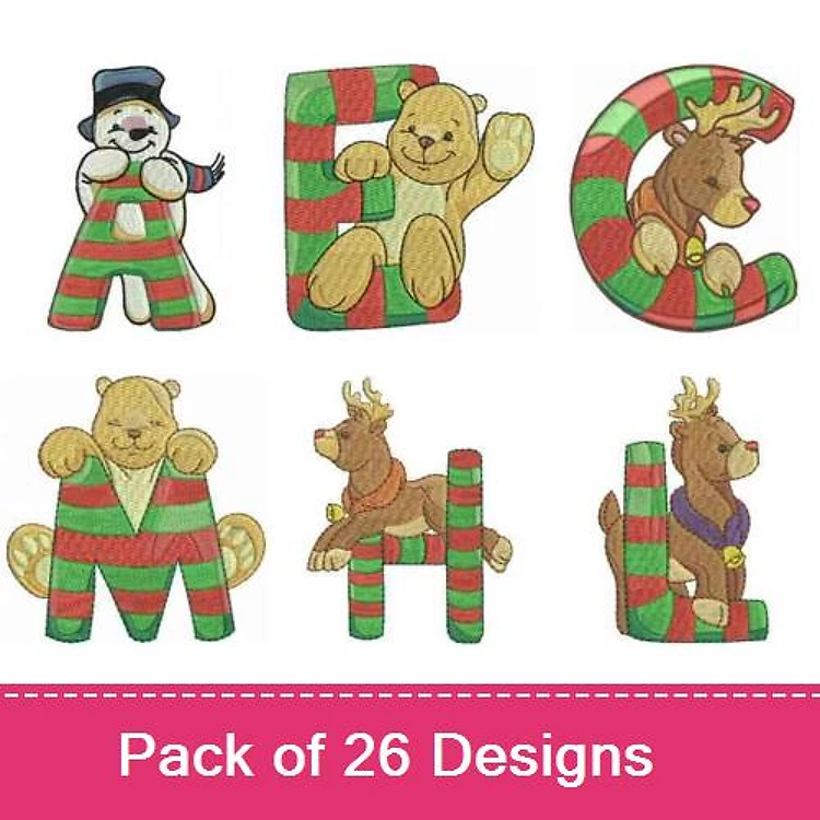 Holiday Alphabet Characters Embroidery Bundle – Snowman Letter E, Bear Letter C, Reindeer Letter H & More (26 Designs)