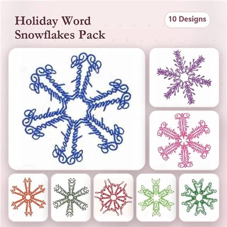 Holiday Word Snowflakes Embroidery Designs Bundle – Goodwill, Peace, Joy, Love & More (10 Designs)