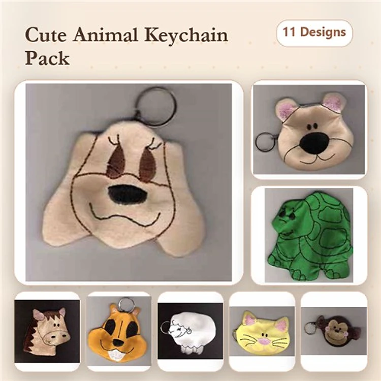 Animal Keychain Embroidery Bundle – Dog, Bear, Monkey & Cat (11 Designs)