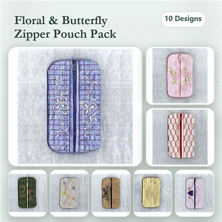 ITH Floral and Butterfly Zipper Pouches Embroidery Designs Bundle – Purple Floral, Pink Butterfly, Green Floral & More (10 Designs)
