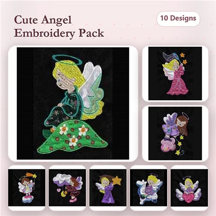 Applique Cute Angel Embroidery Bundle – Sitting Angel, Angel with Star, Angel with Pink Dress & More (10 Designs)