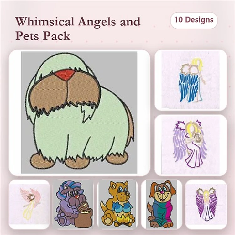 Whimsical Angels & Pets Embroidery Designs Bundle – Whimsical Dog, Angel with Hound Dog, Cat in Teacup & More (10 Designs)