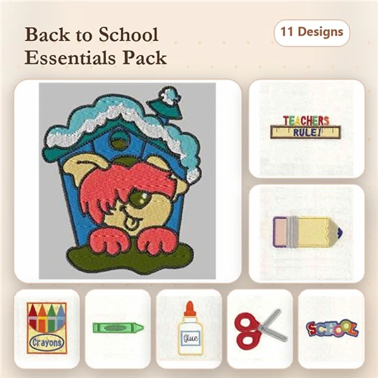 Applique Back to School Embroidery Bundle – Dog with Schoolhouse, Pencil, Scissors & More (11 Designs)