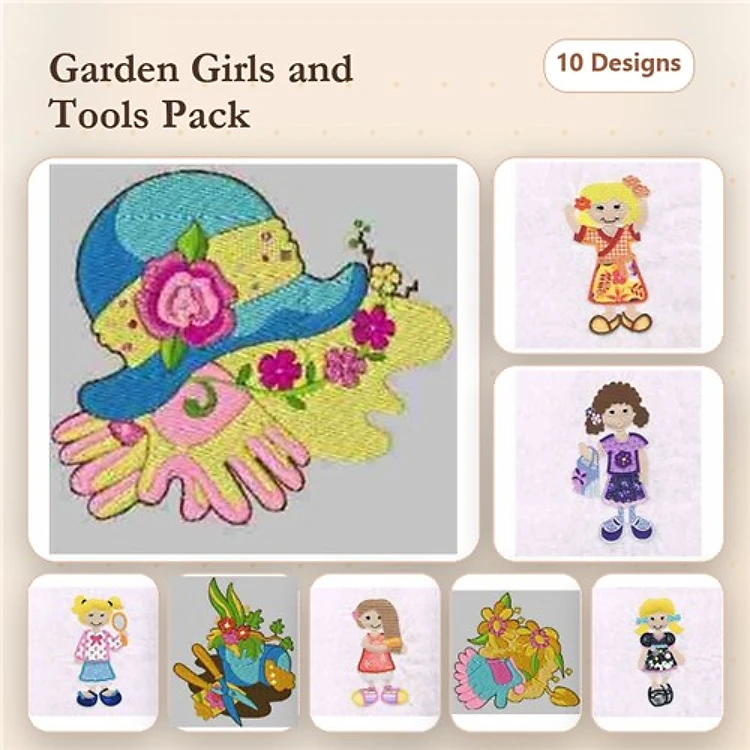 Applique Garden-Themed Girls Embroidery Bundle – Gardener with Hat, Flower Girl with Sunglasses, Girl with Tools & More (10 Designs)