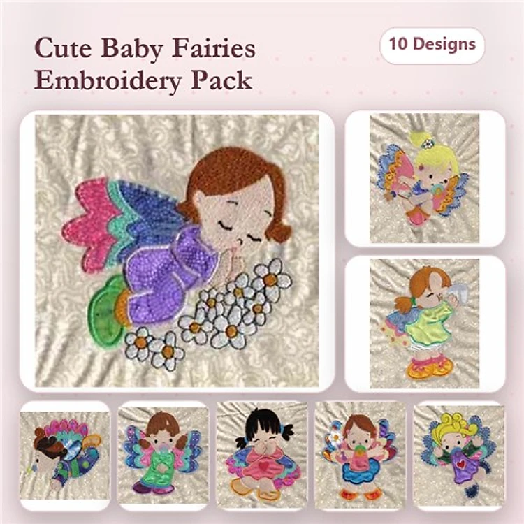 Applique Cute Baby Fairies Embroidery Bundle – Sleeping Baby Fairy, Flower Fairy with Purple Wings, & More (10 Designs)