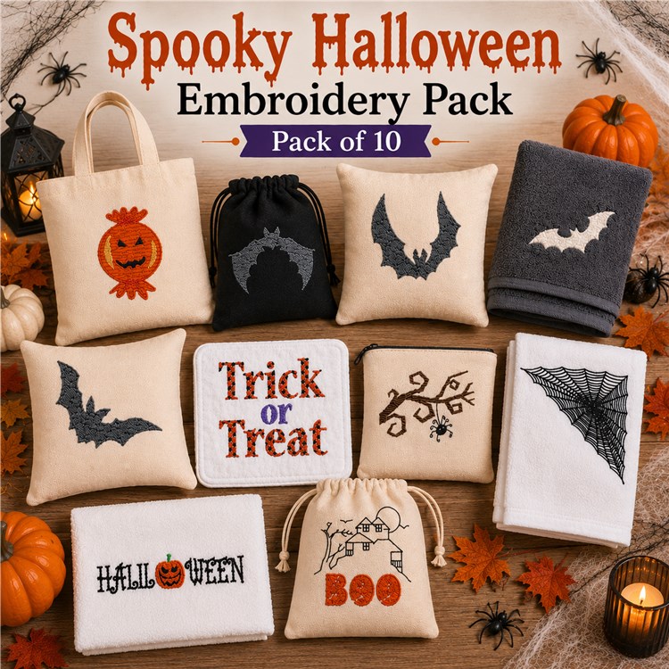 Halloween-Themed Embroidery Designs Bundle – Pumpkin, Bat Silhouettes, Trick or Treat & More (10 Designs)