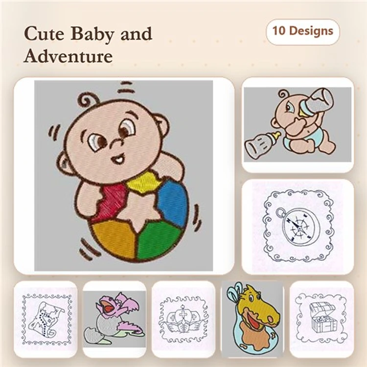 Redwork Baby Adventure Embroidery Designs Bundle – Baby with Ball, Telescope, Duck & More (10 Designs)